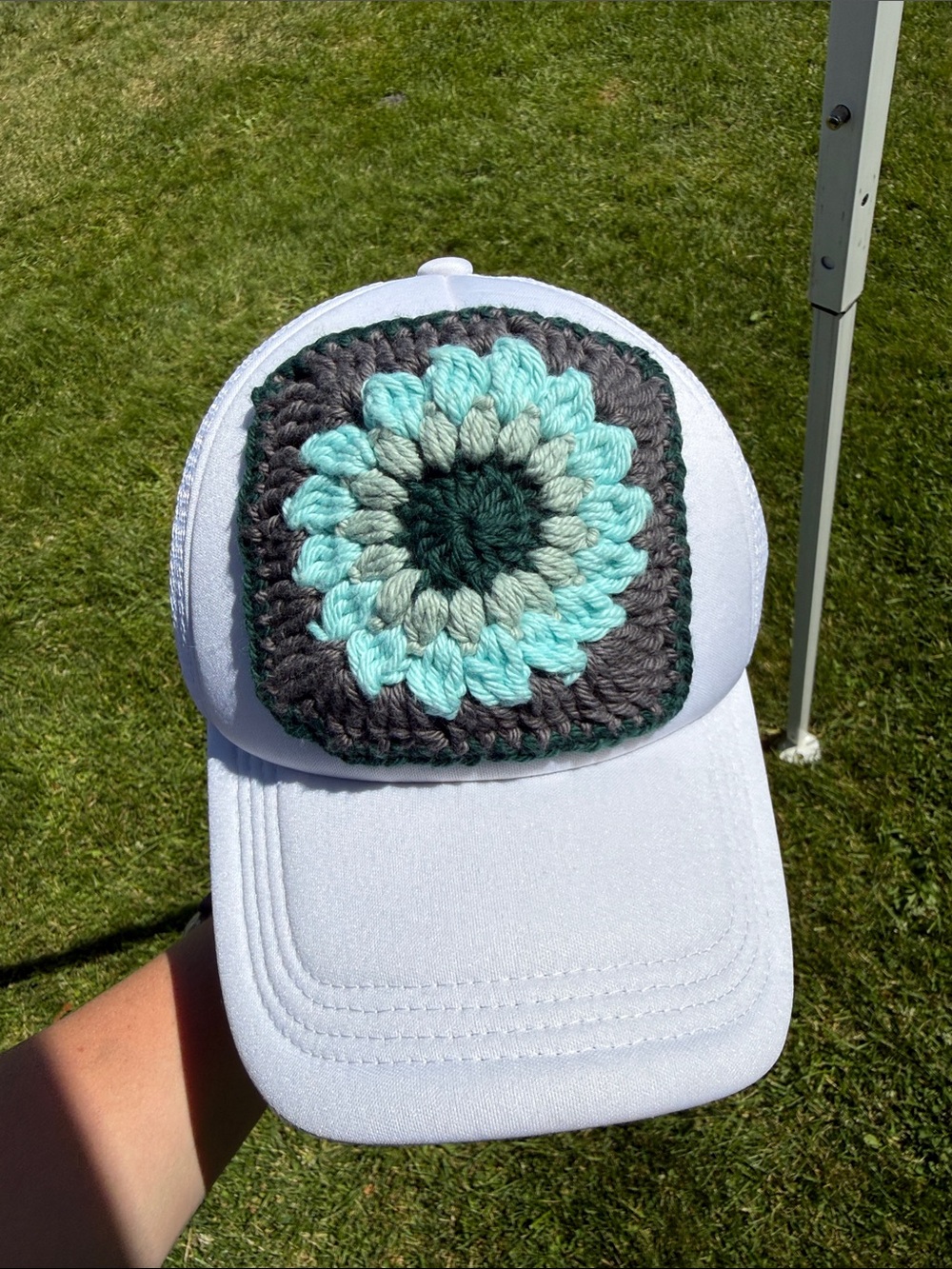 White Cap with Mint & Charcoal Crochet Patch